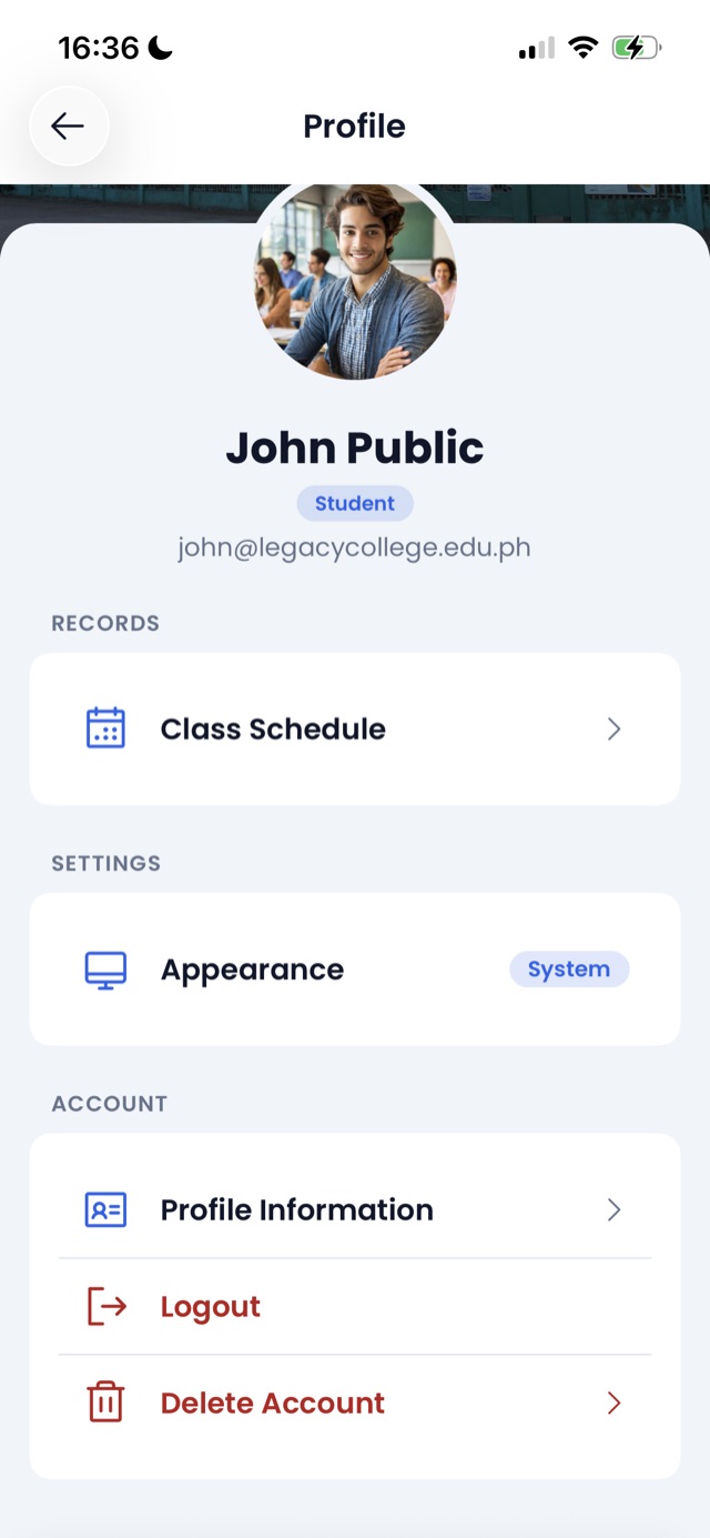 The Profile screen with the Log out button at the bottom