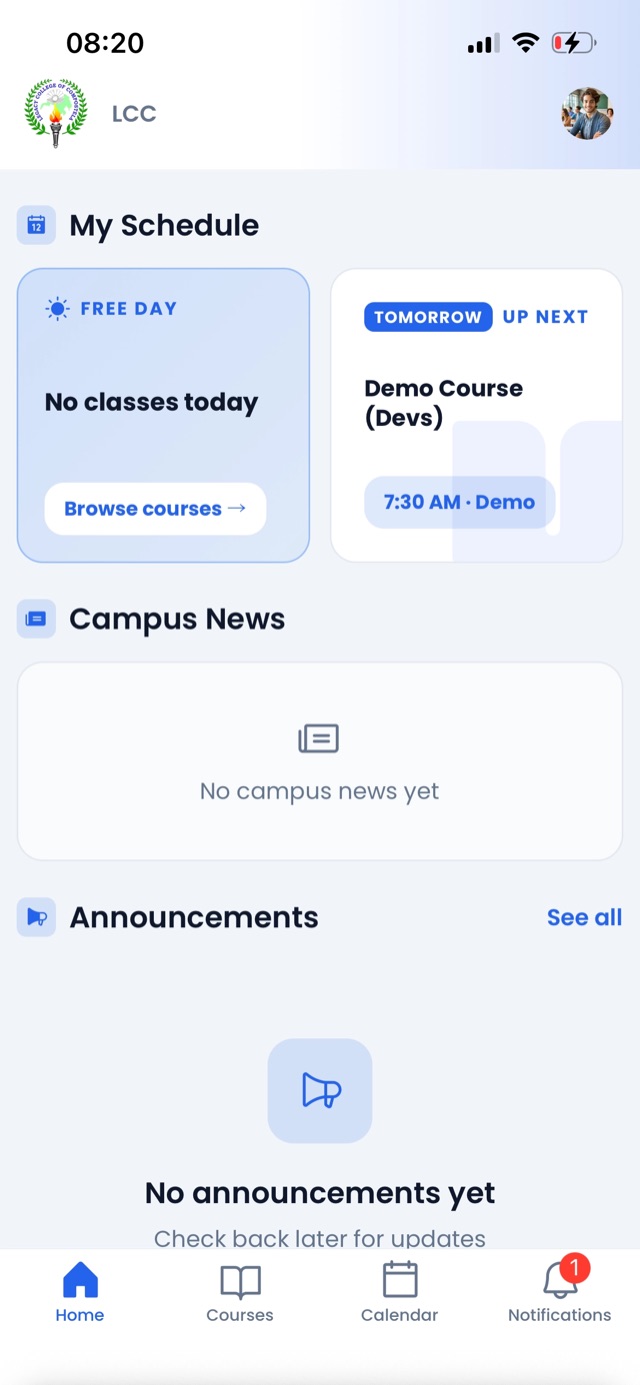 The Home screen showing schedule, campus news, and announcements