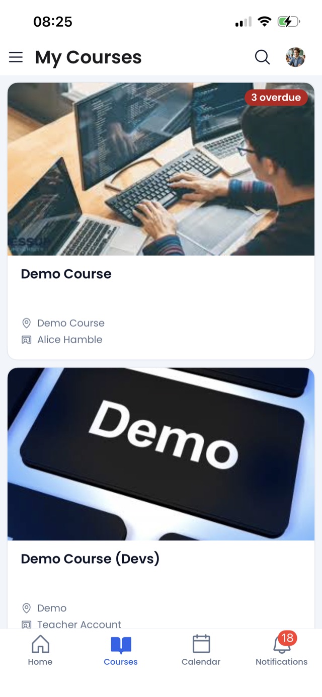 The Courses tab showing course cards