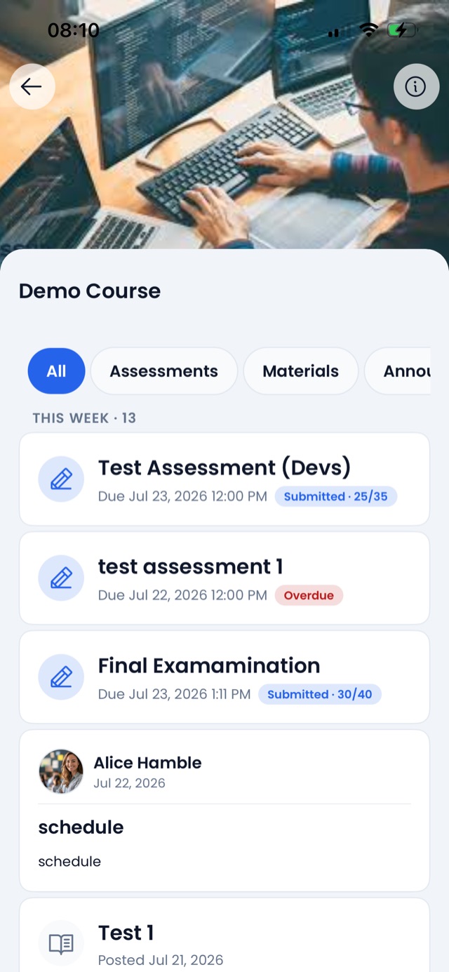 A course screen with its banner photo and timeline