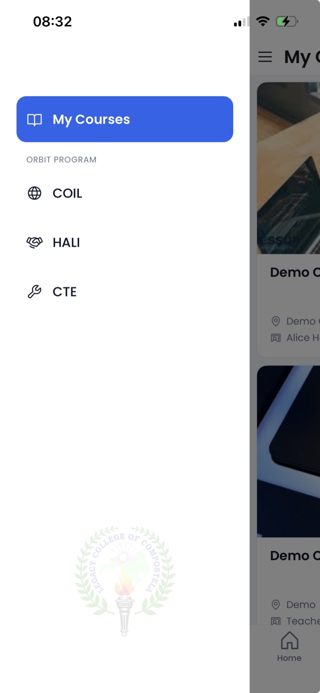 The drawer menu with My Courses, COIL, HALI, and CTE
