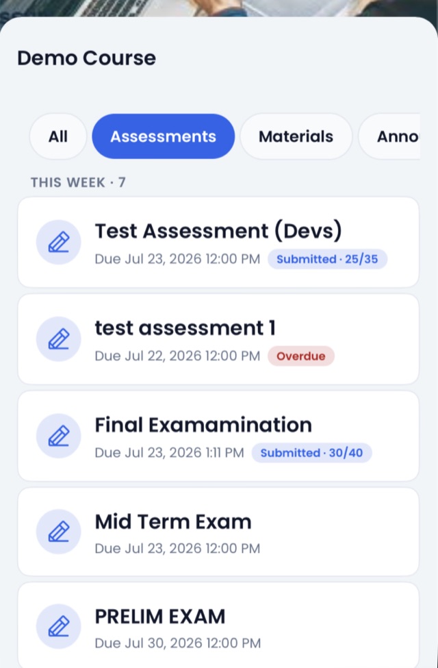 The Assessments filter chip selected on a course timeline