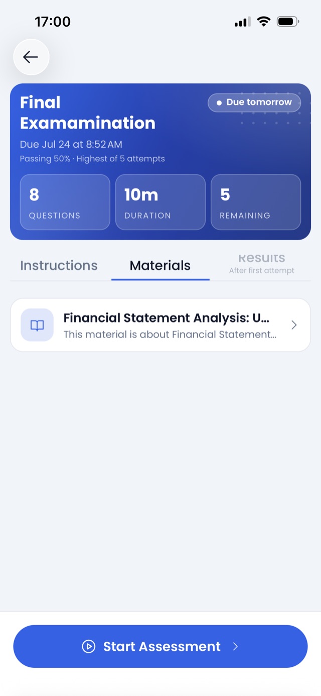 An assessment details page with its hero card and tabs
