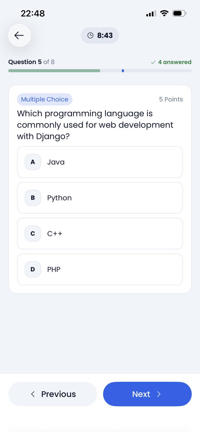 The attempt screen with progress bar, timer, and a question card