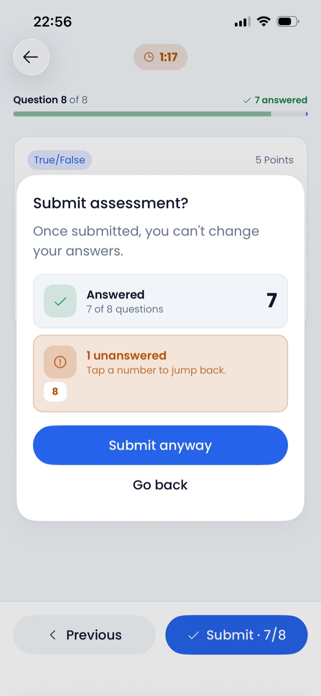 The submit dialog showing unanswered question chips