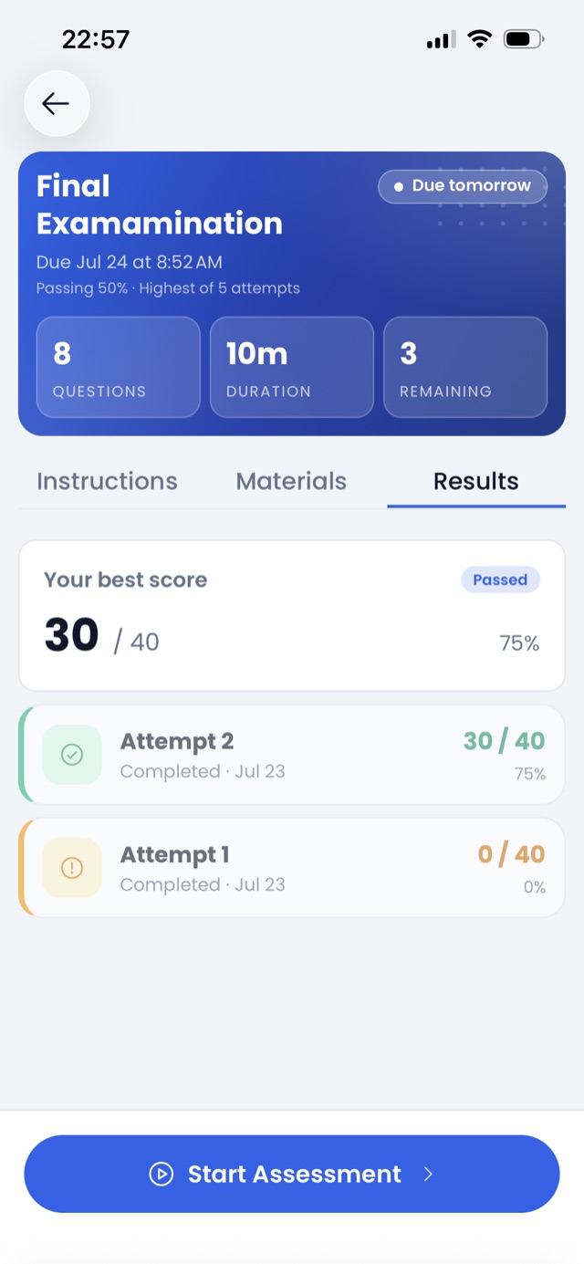 The Results tab listing attempts and their statuses