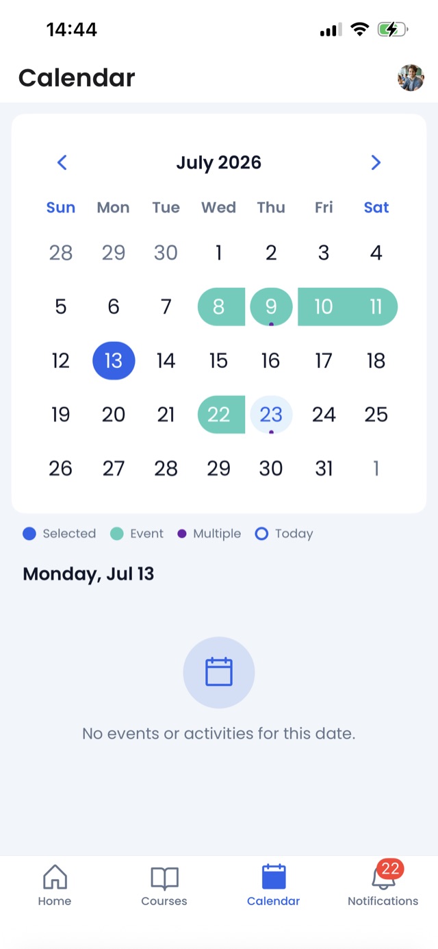 The Calendar tab with the month grid