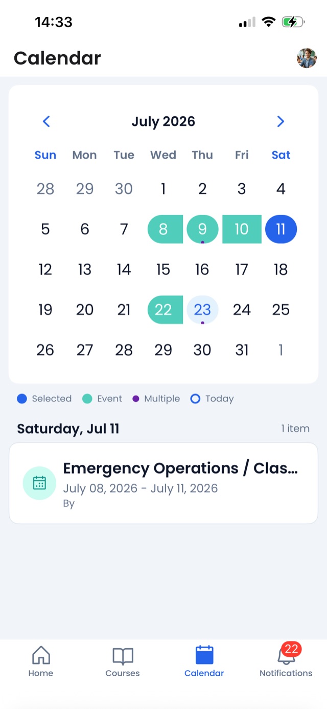 A selected day's events listed below the month grid