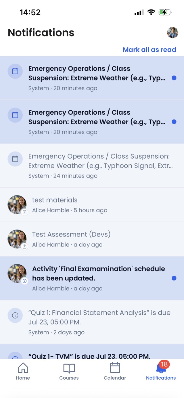 The Notifications tab with read and unread rows