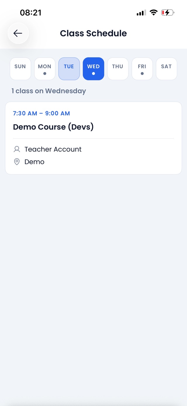 The weekly Class Schedule screen