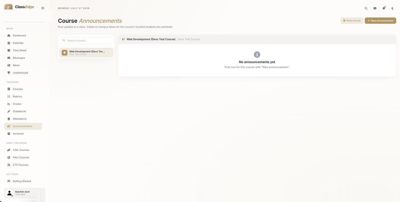 The Announcements page with a course list on the left
