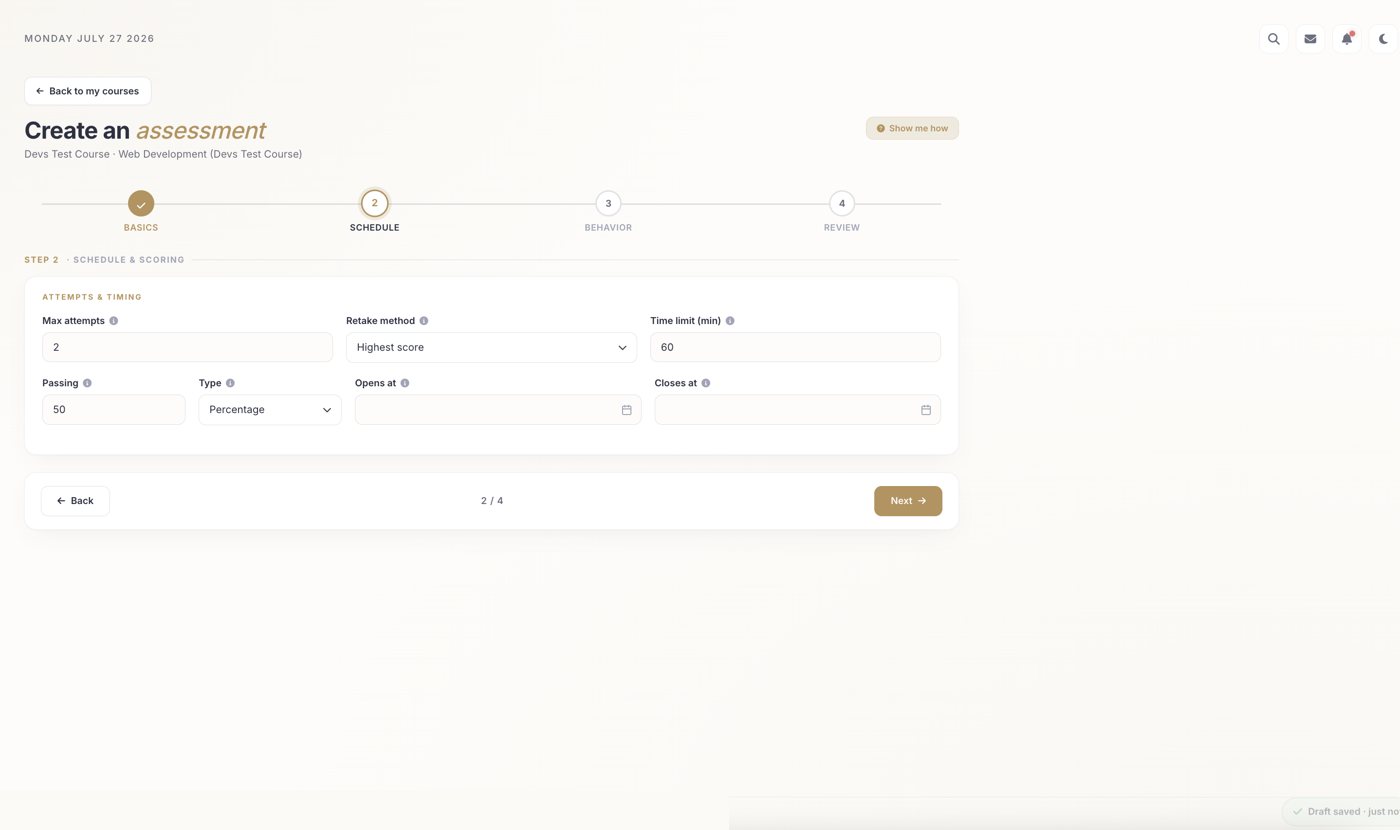 Assessment wizard step 2: Schedule and scoring