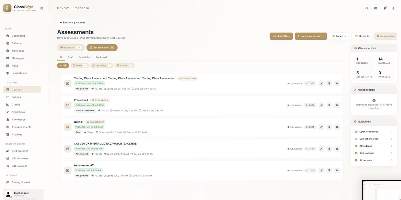 The Assessments list with type, points, dates and status