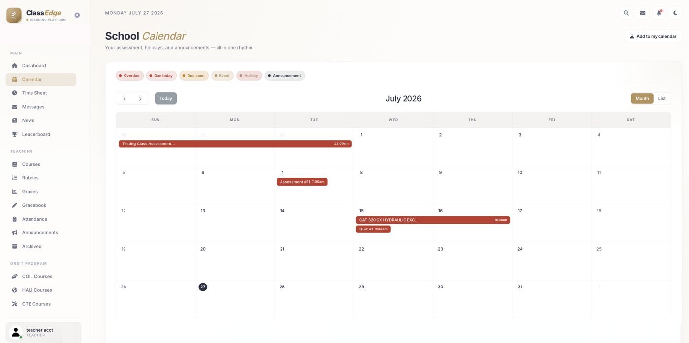 The Calendar with colour-coded assessments, events and holidays