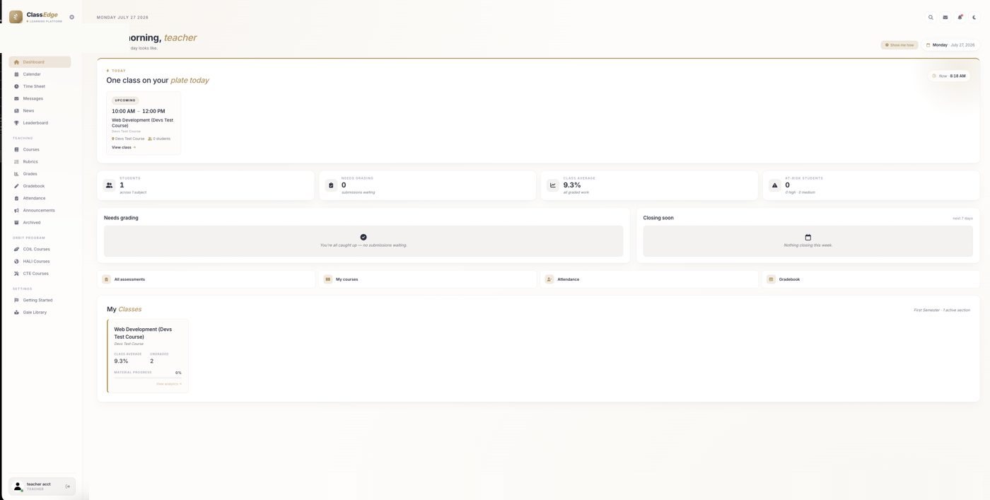 The teacher Dashboard with quick stats and My Classes cards