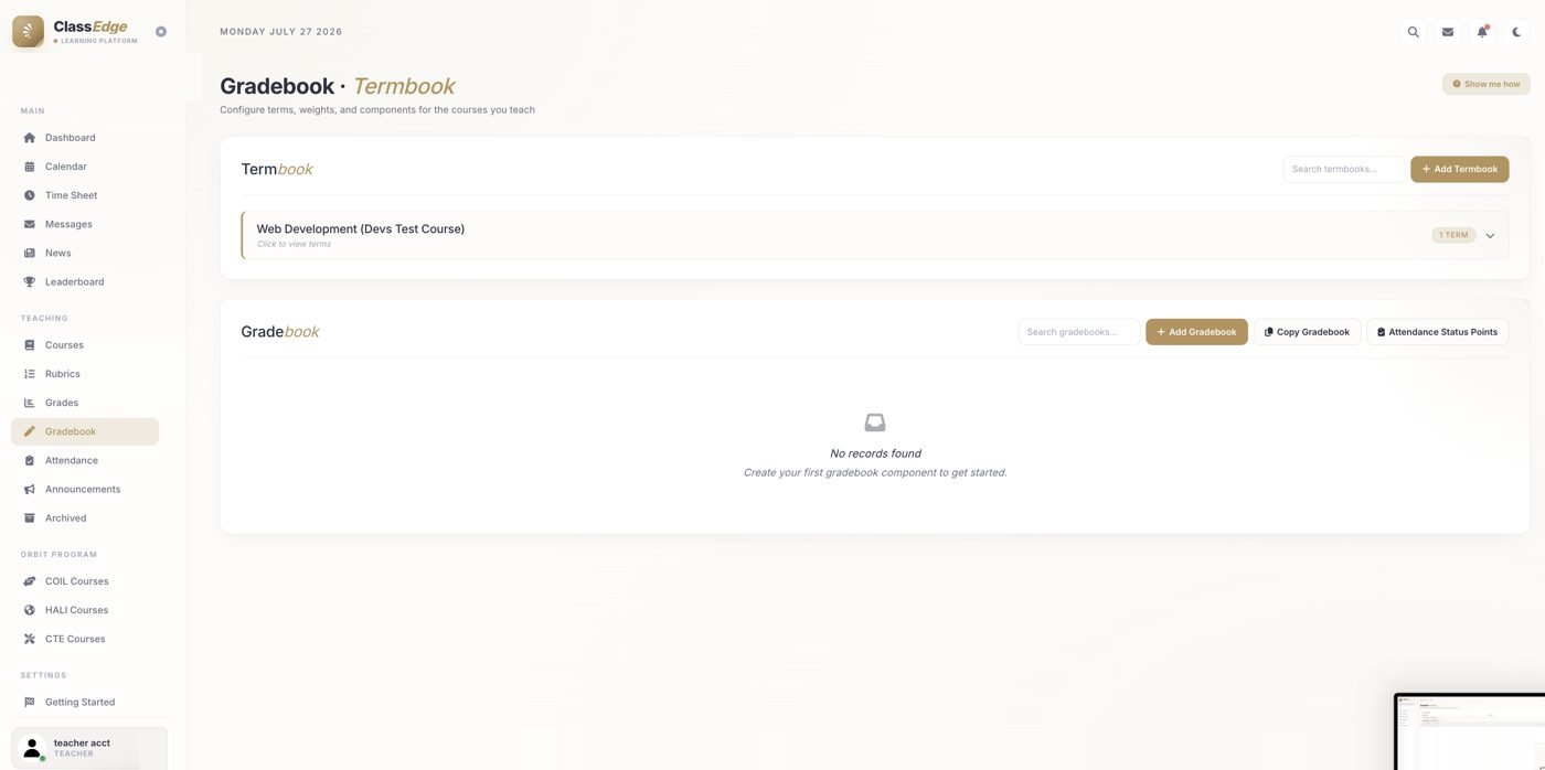 The Gradebook page: Termbook on top, Gradebook below