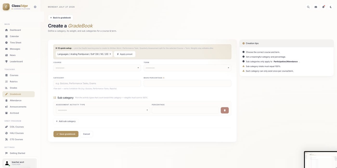 Setting up Gradebook categories and percentages