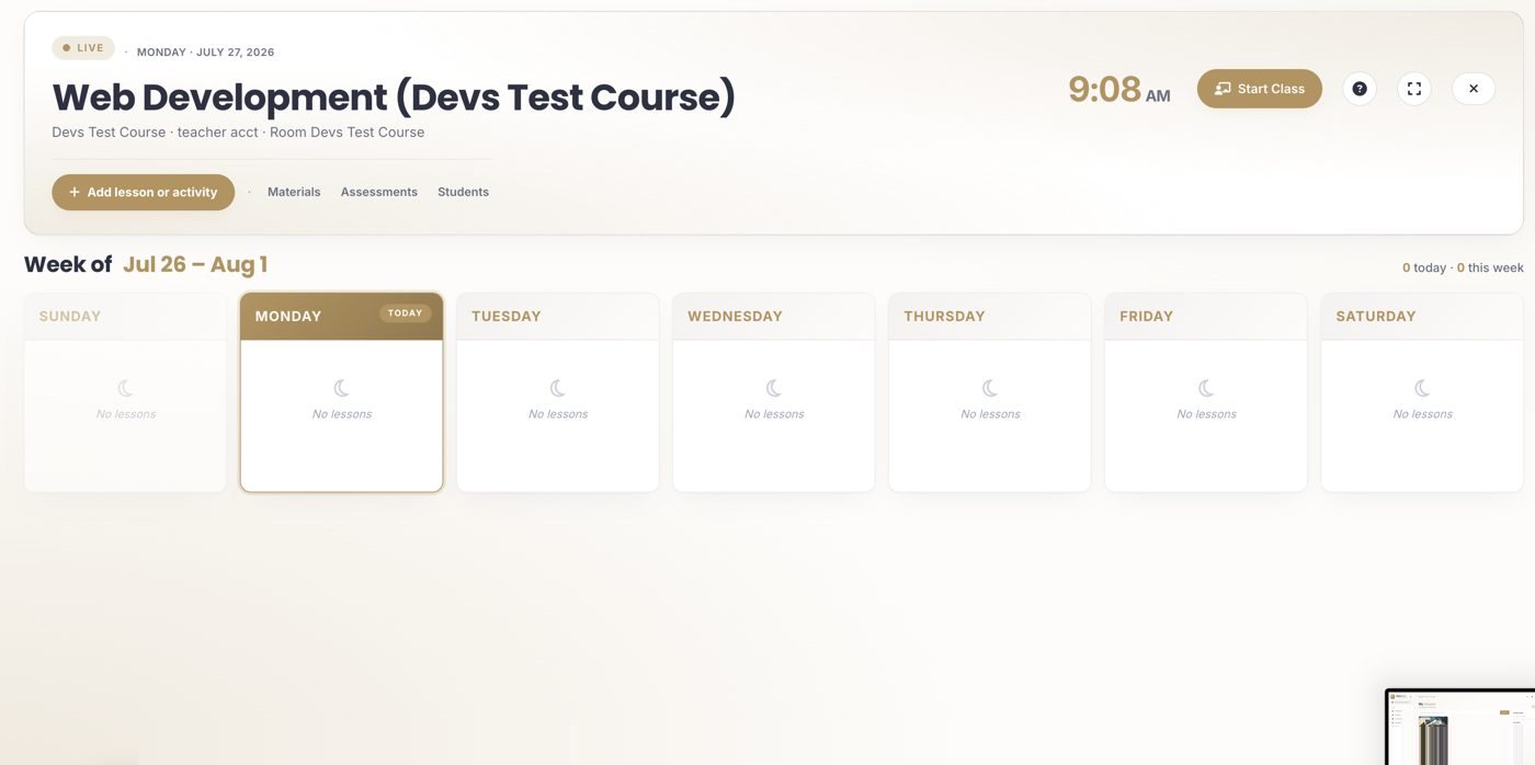 Inside a class: the week laid out by day with Materials, Assessments and Students tabs