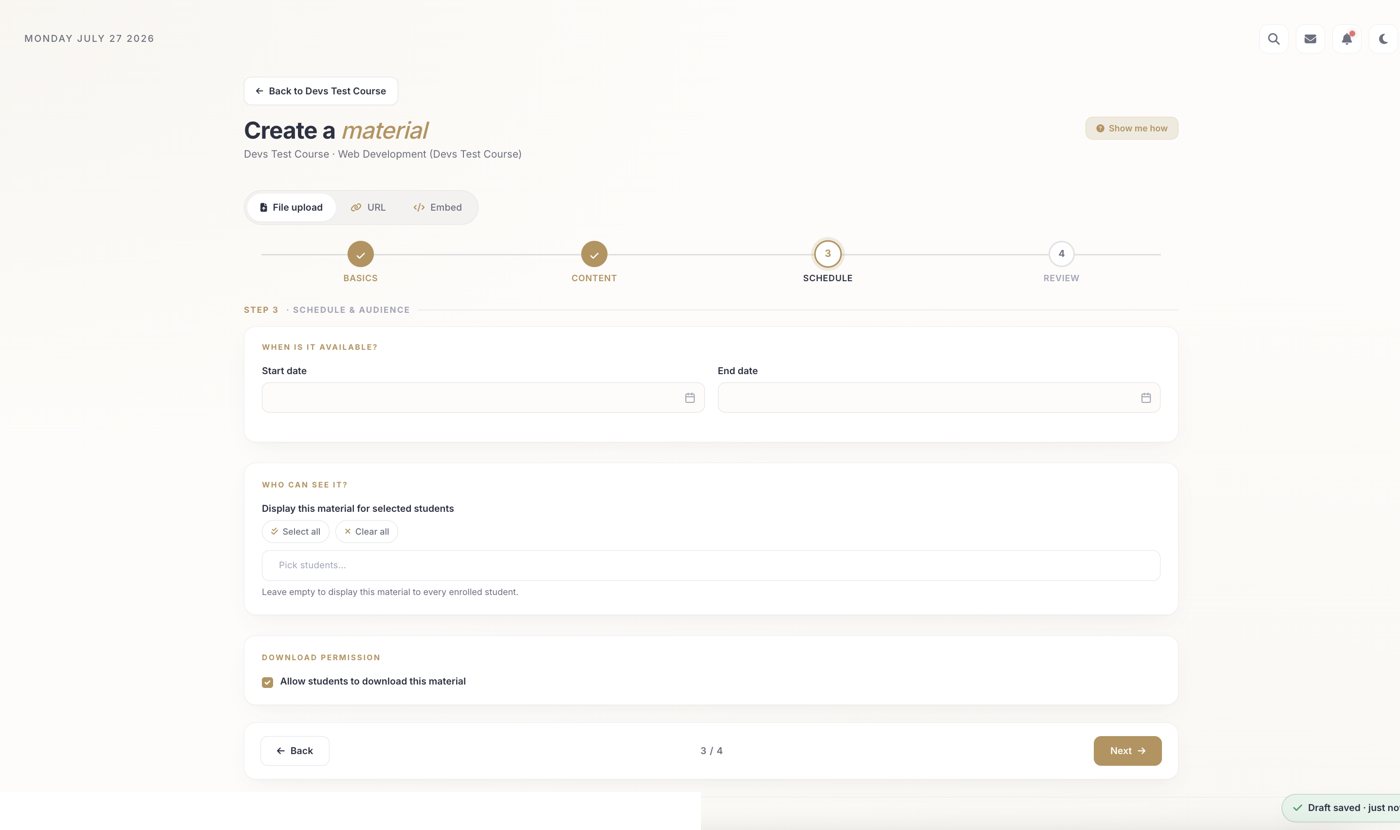 Material wizard step 3: Schedule and audience
