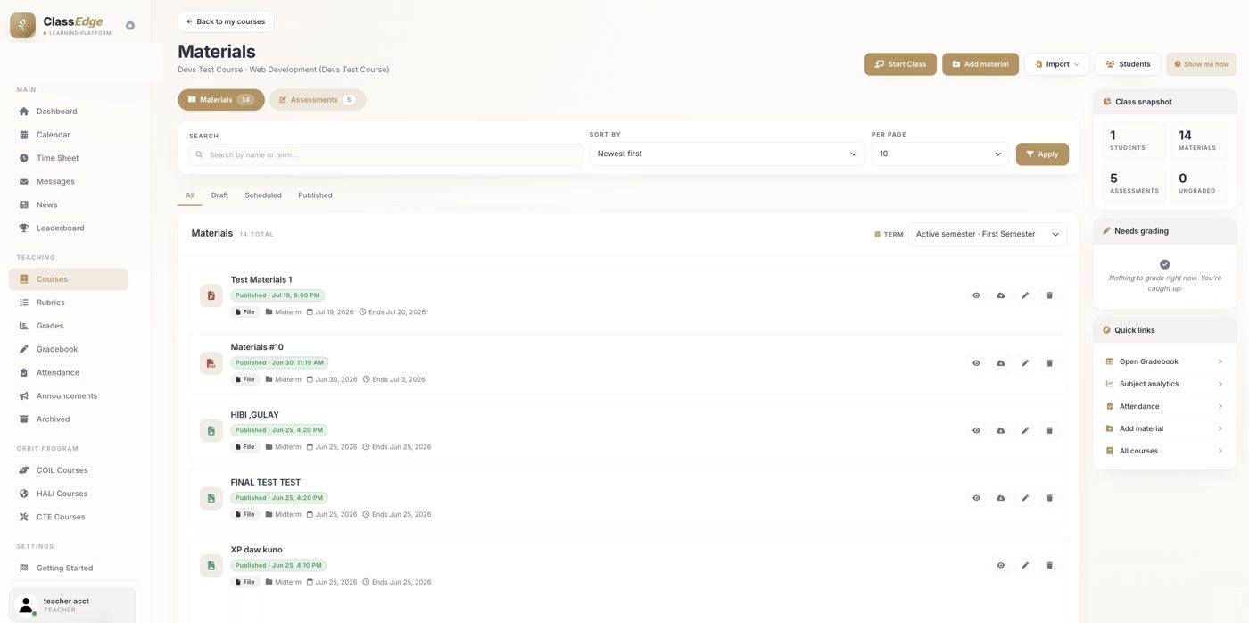 The Materials list with status per row and filter tabs