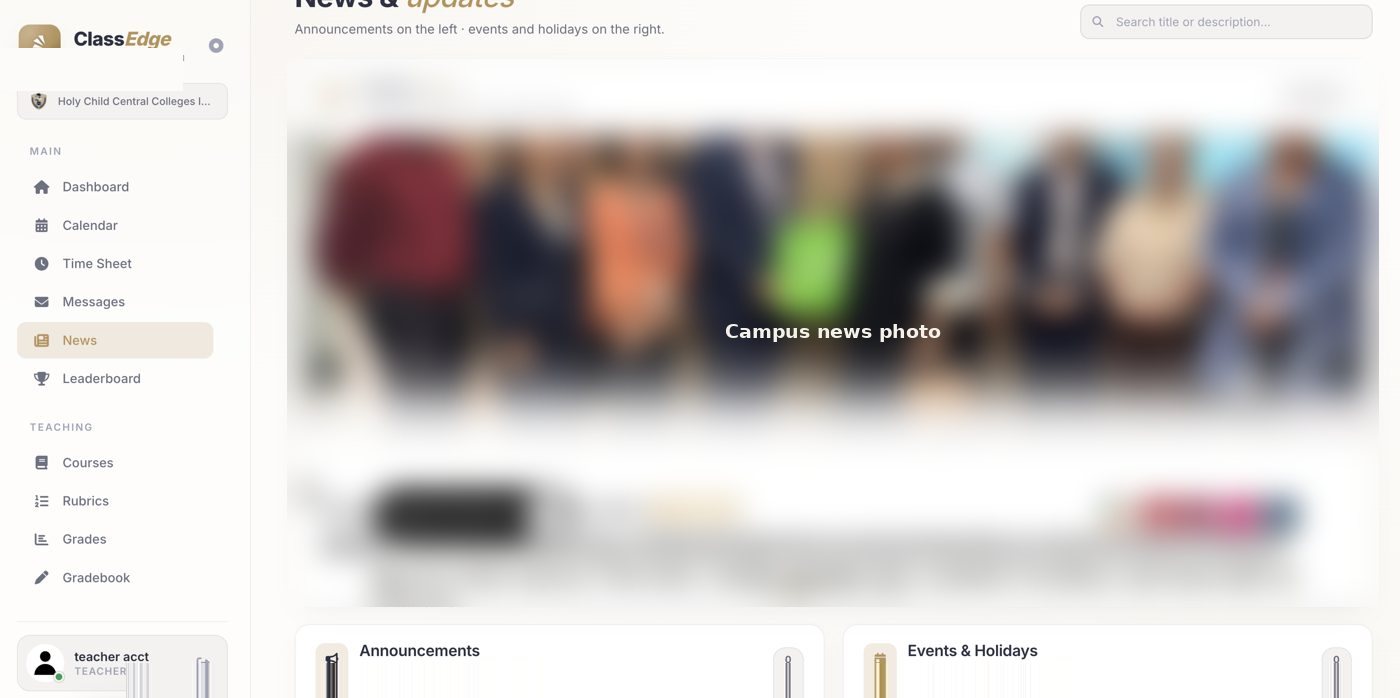 The News page with campus news, announcements and events